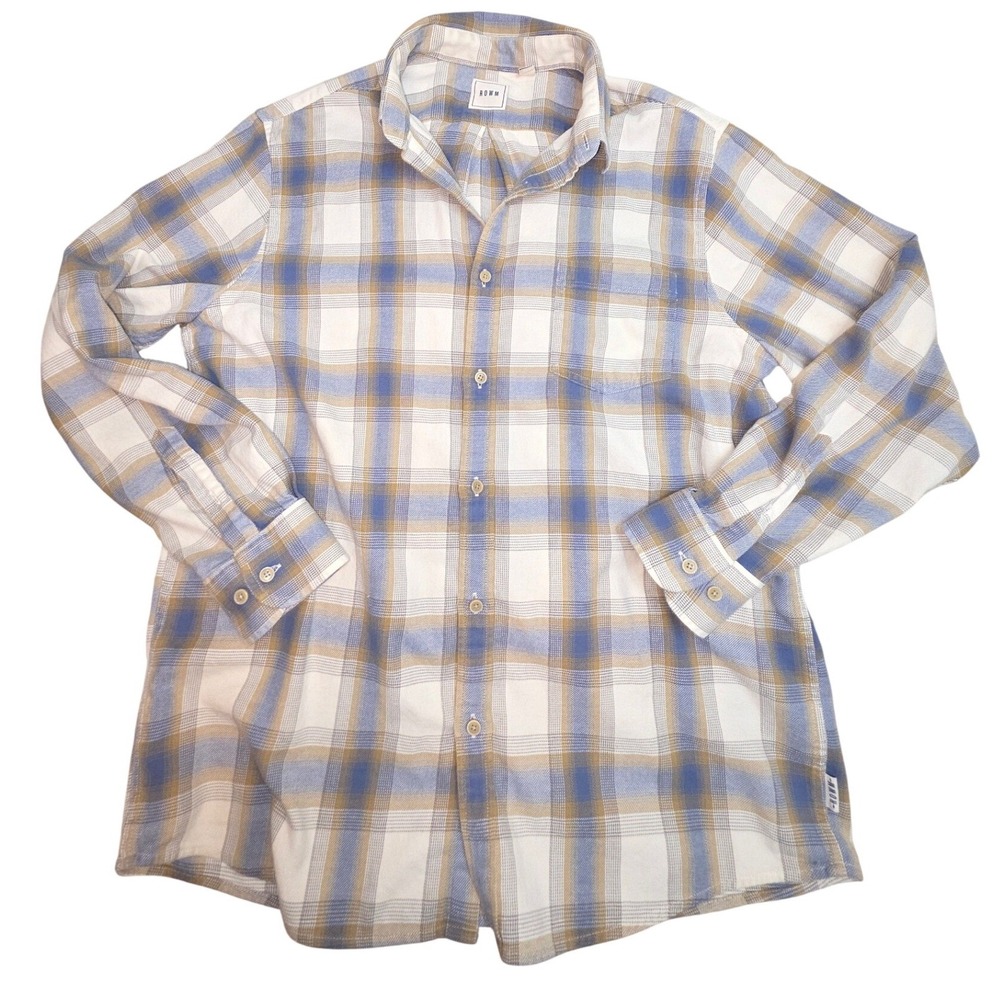 ROWM Mens Large Plaid Button Down Shirt Blue Tan White Cotton Long Sleeve 0951